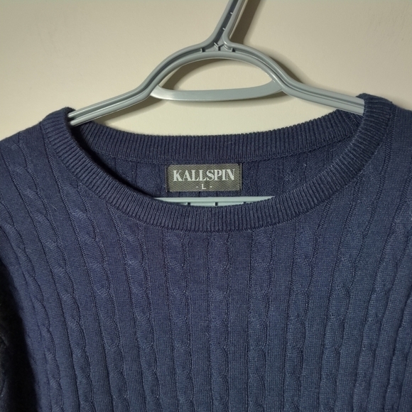Kallspin Navy Knit Cashmere Wool Blend Classic Crew Neck Sweater Size Large - Picture 3 of 7